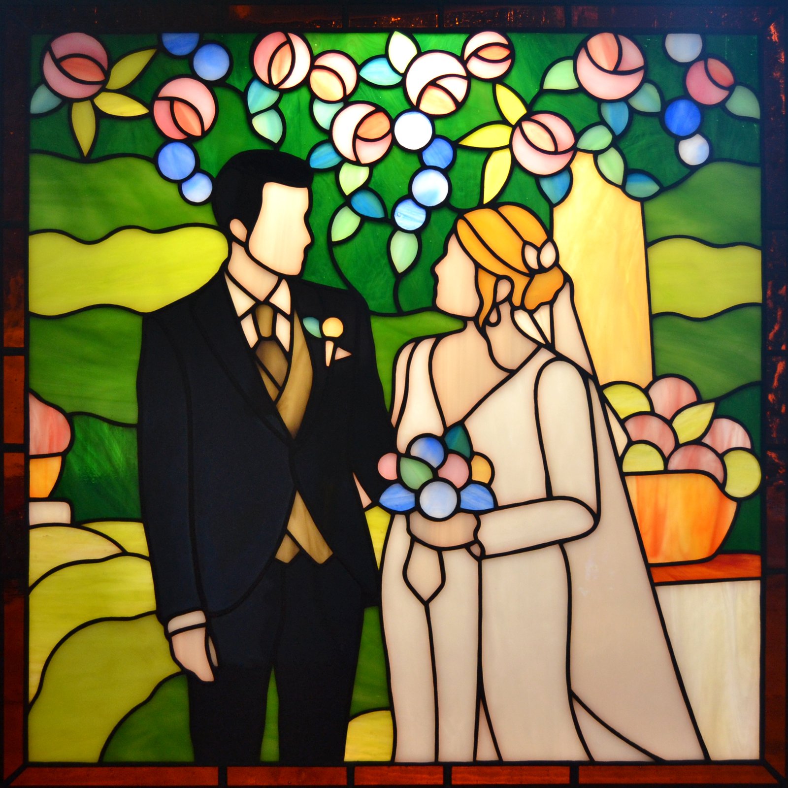 Un vitral artísticamente elaborado que representa a dos personas en su día de boda, con detalles meticulosos que capturan la emoción y la belleza del momento, mientras la luz del sol ilumina los colores vivos y crea un ambiente lleno de amor y alegría.