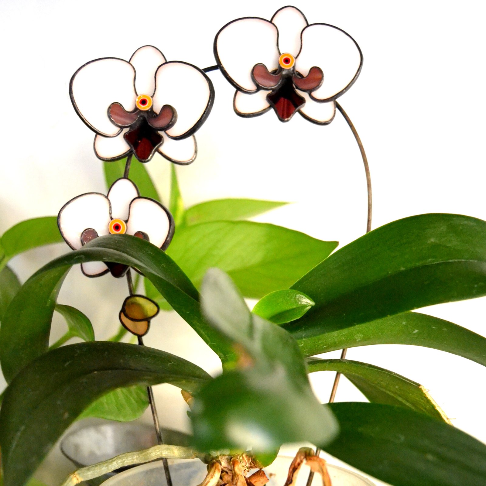 Imagen de una planta decorativa con detalles de vidrio que se entrelazan entre sus hojas, reflejando la luz con delicadeza y añadiendo un toque de brillo y sofisticación a cualquier espacio.